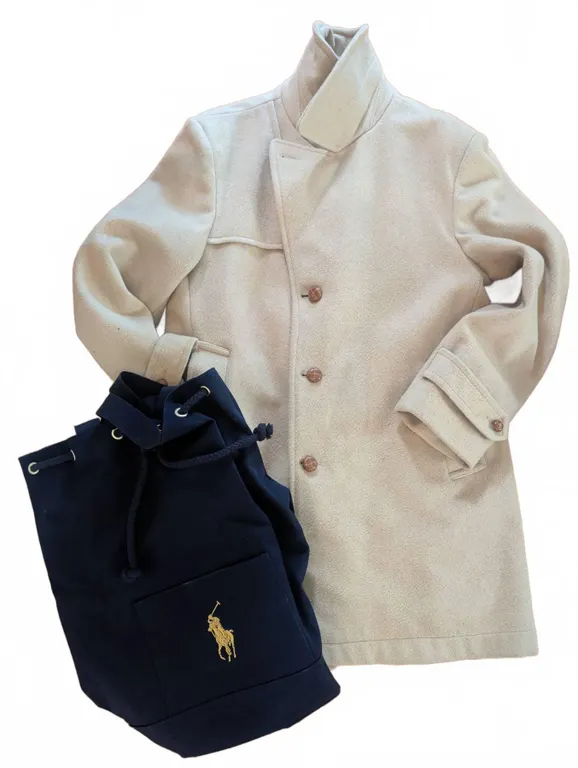 Men's Beige Wool Coat With Red Lining and Polo Ralph Lauren Navy Bag
