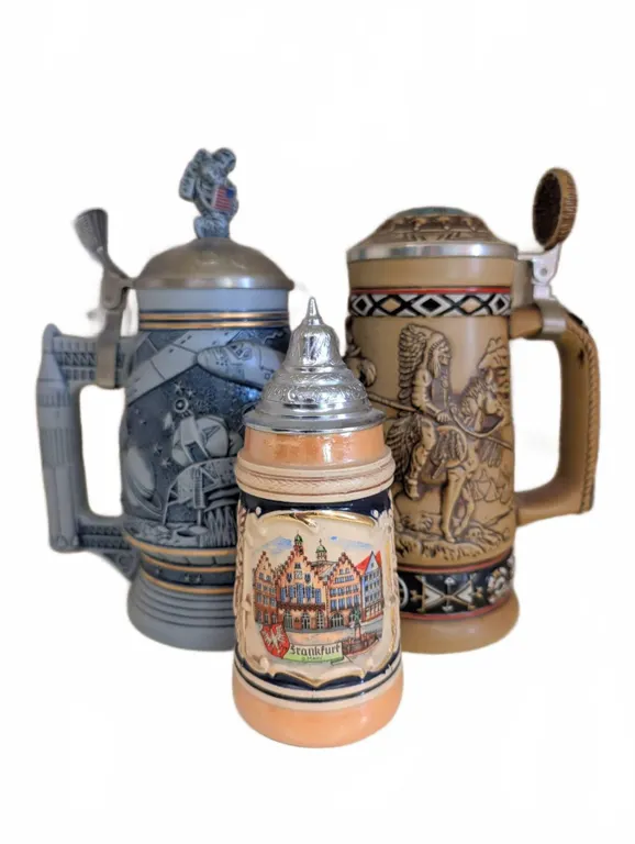 3 Ceramic Beer Steins: Avon Conquest of Space, Avon Indians, German Frankfurt
