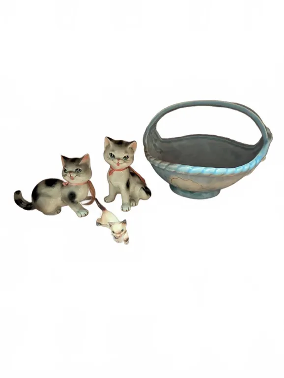 3 Cat Figurines and Beswick Pottery Basket