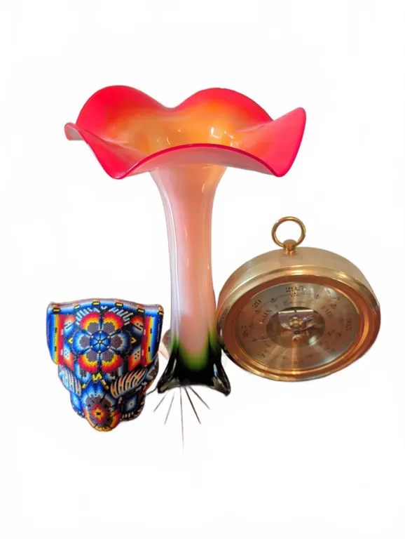 Murano Art Glass Vase, Huichol Beaded Jaguar, Barometer