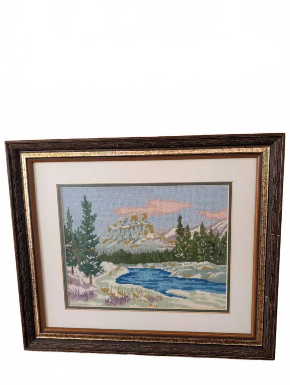 Framed Needlepoint Mountain Landscape Artwork 13 x 11 Inches