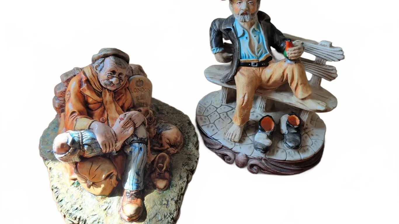 Painted Figurines Depicting Seated Men w/ Shoes Off