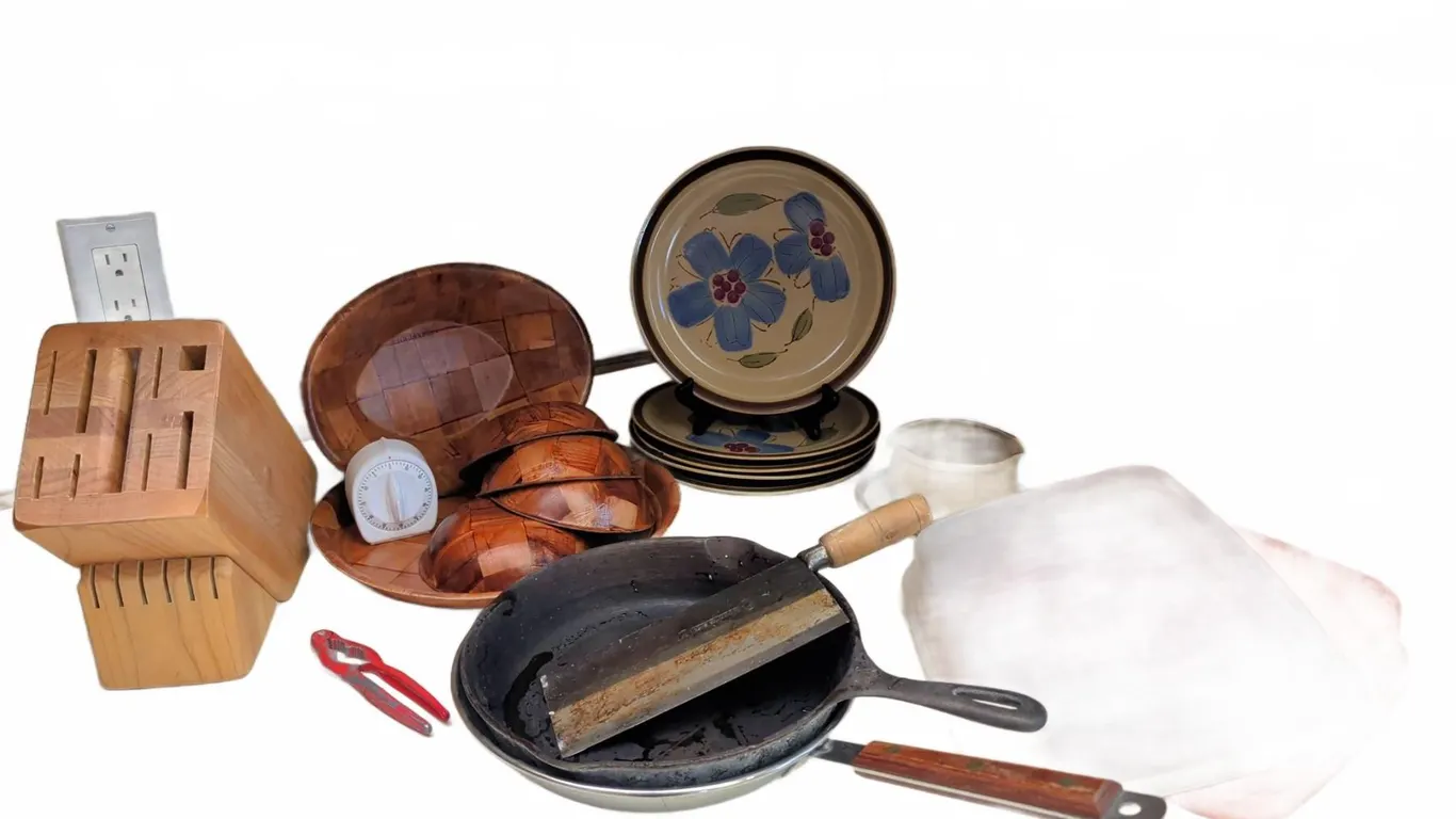 Kitchenware Lot with Hearthside Stoneware, Wood Bowls, Pans