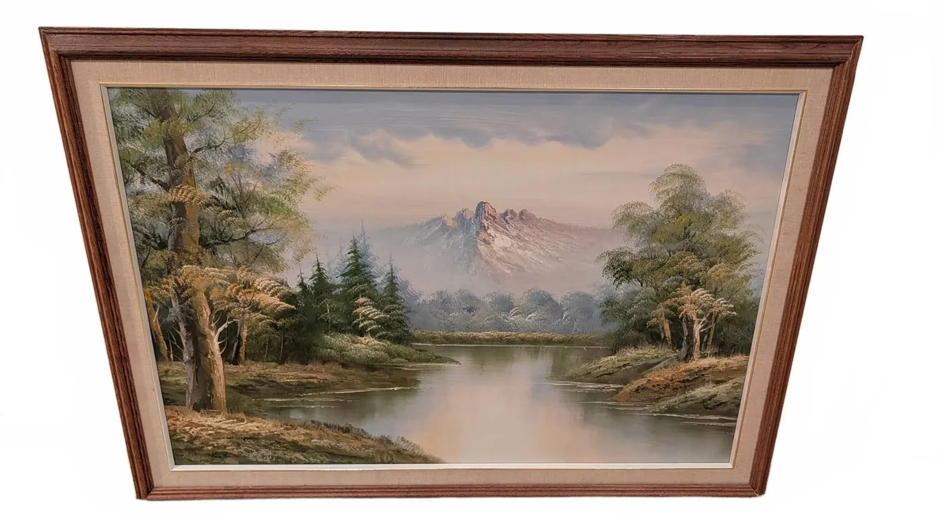 Framed Landscape Painting w/ Mountains & Lake Scene