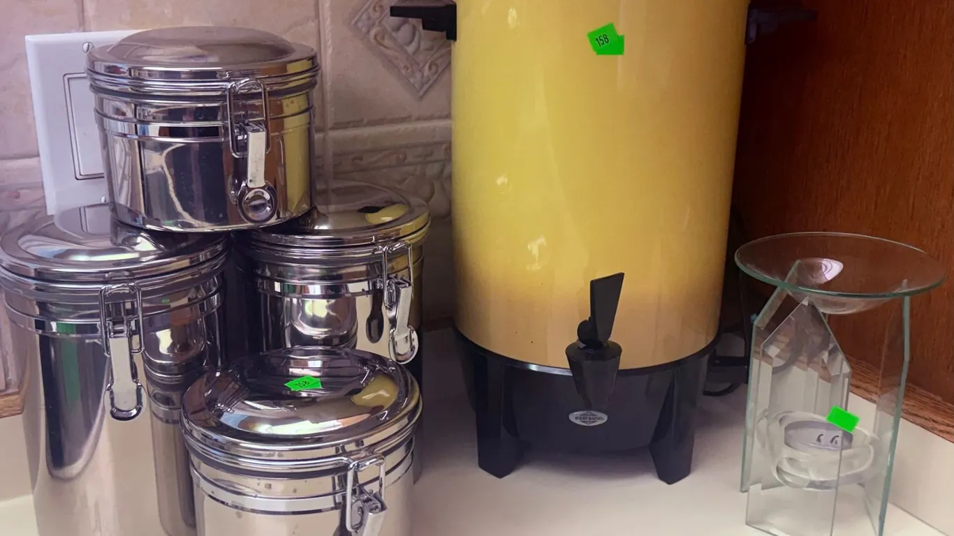 West Bend Coffee Percolator, Stainless Canisters and Glass Oil Burner