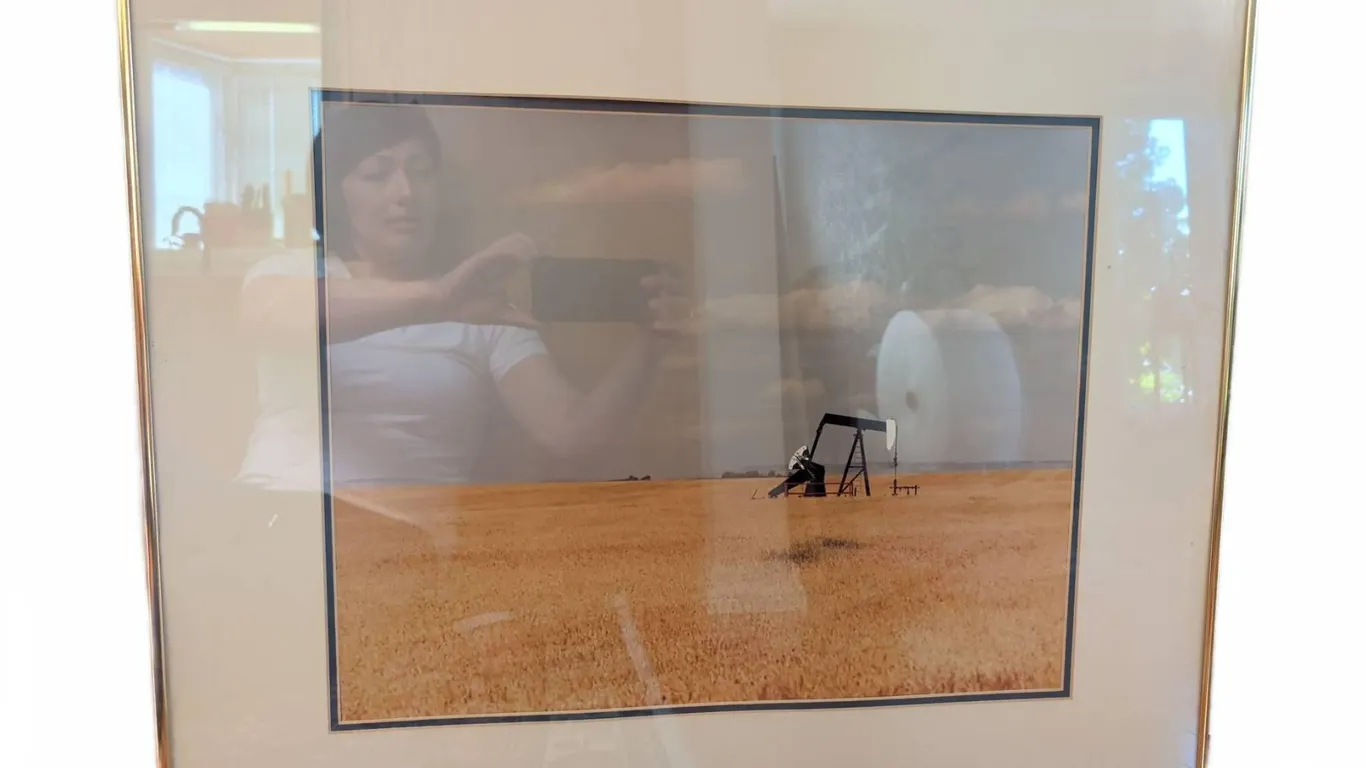 Framed Photograph of Oil Pumpjack on Prairie, 29" x 25"