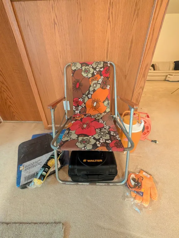 Camping Lot With Folding Chair, Coleman Jug, Tool Box, and Accessories