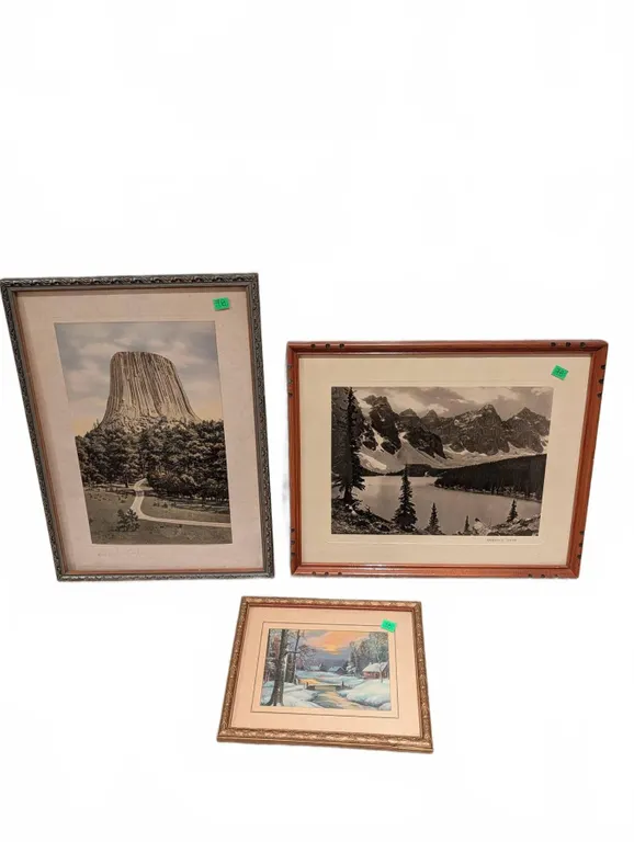 Framed Landscape Prints Including Devils Tower and Mountain Lake