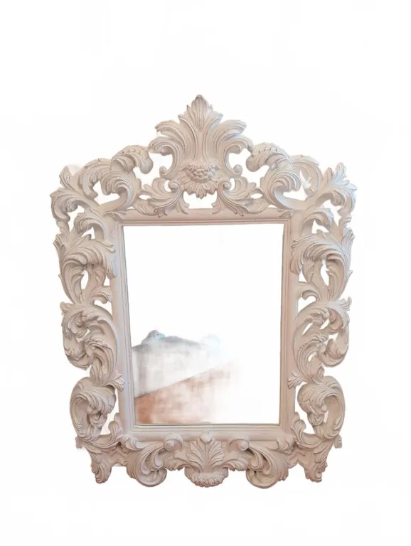 White Ornate Carved Wall Mirror, 47 Inches Tall