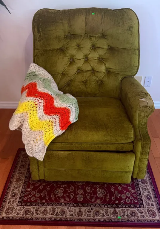 Green Velvet Recliner Armchair with Tufted Back, Knit Throw, and Floral Area Rug