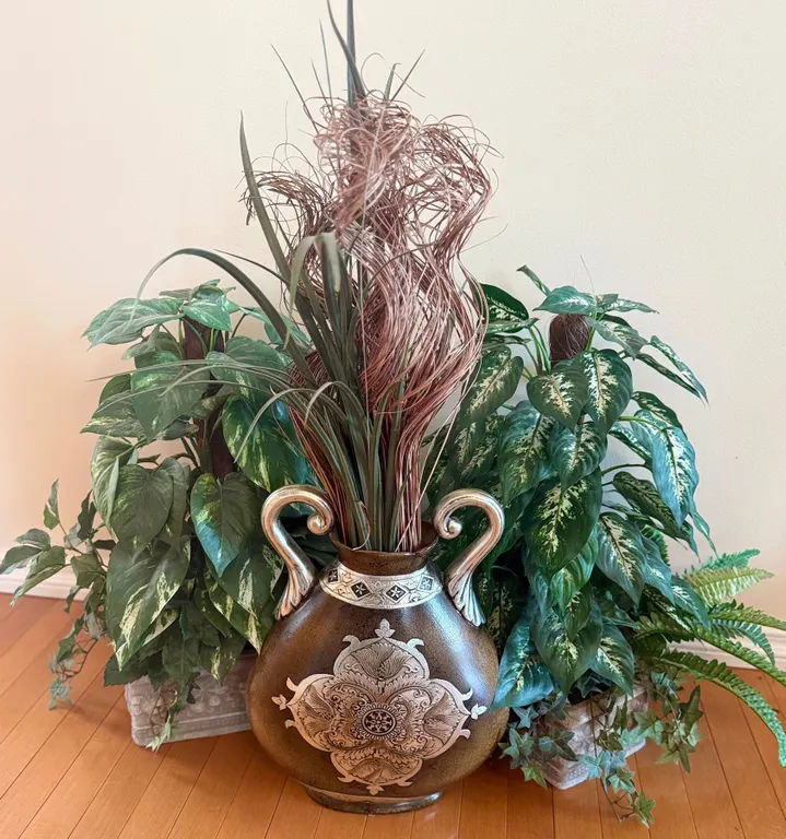 Decorative Ceramic Urn with Handles and Two Artificial Foliage Arrangements