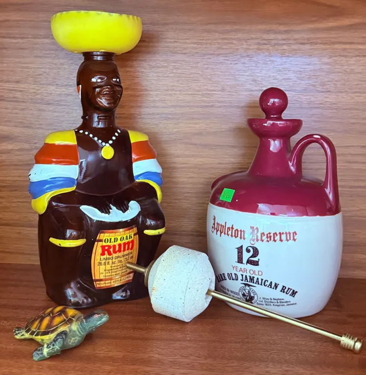 Rum Bottle Decanters and Resin Turtle Figurine