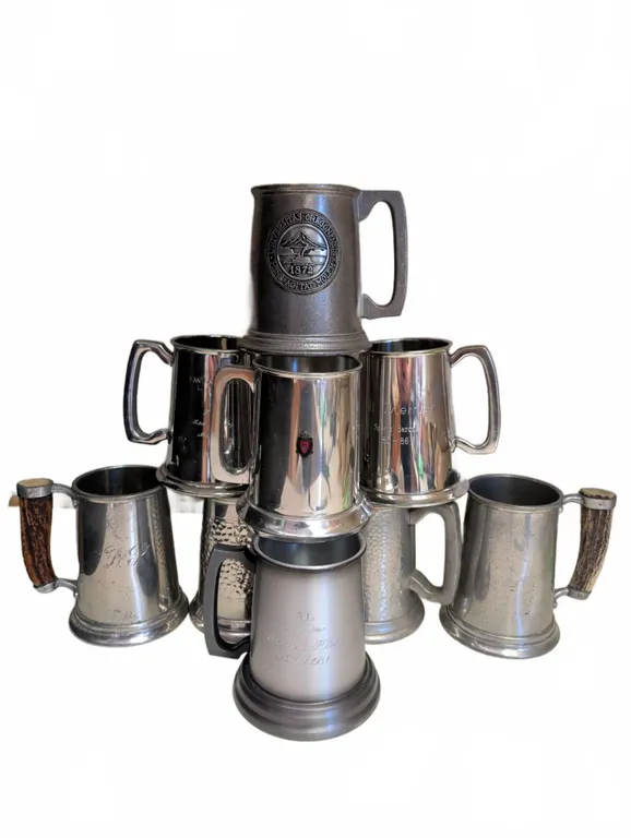 9 English Pewter Tankards With Various Markings