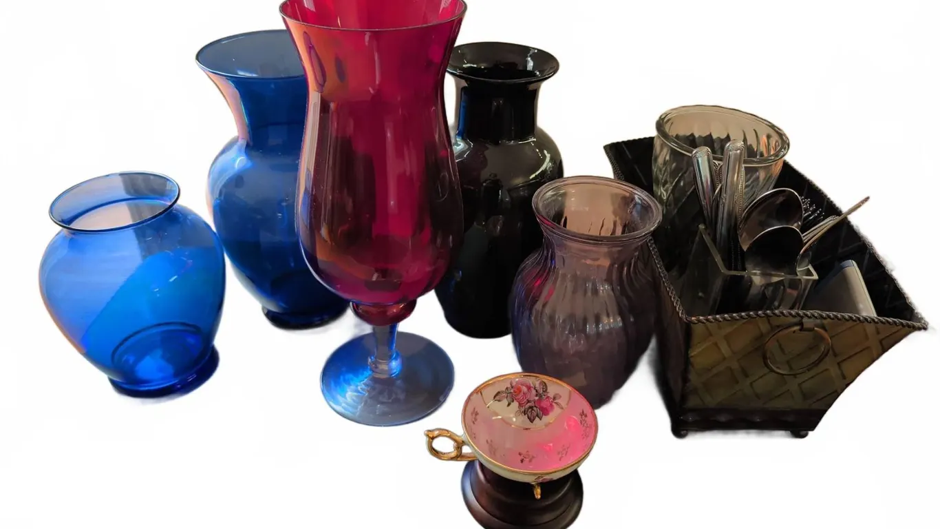 Glass Vases, Porcelain Footed Teacup, and Flatware Set