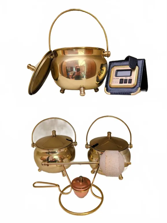 3 Brass Cauldron-Style Pots with Lids and Accessories