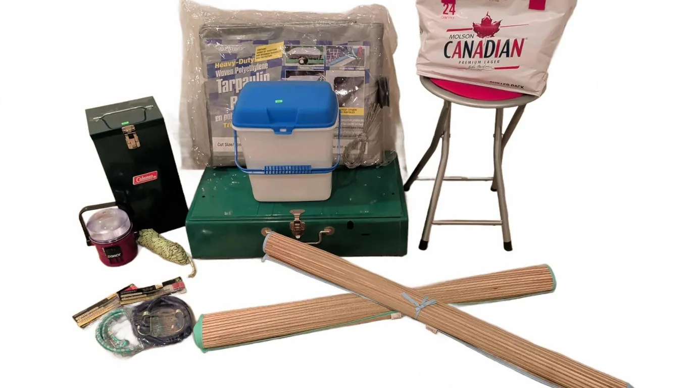 Camper's Collection With Coleman Stove, Lantern, Tarpaulin, Cooler, and Accessories