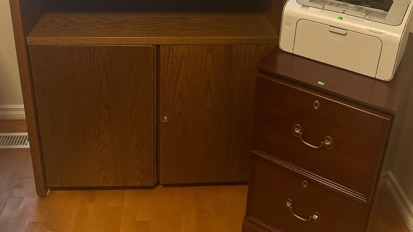 HP LaserJet P1005 Printer, Two-Drawer File Cabinet, and Wooden Storage Cabinet