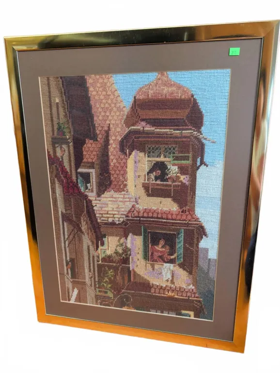 Framed Needlepoint Artwork of Figures at Windows 24 x 18 in