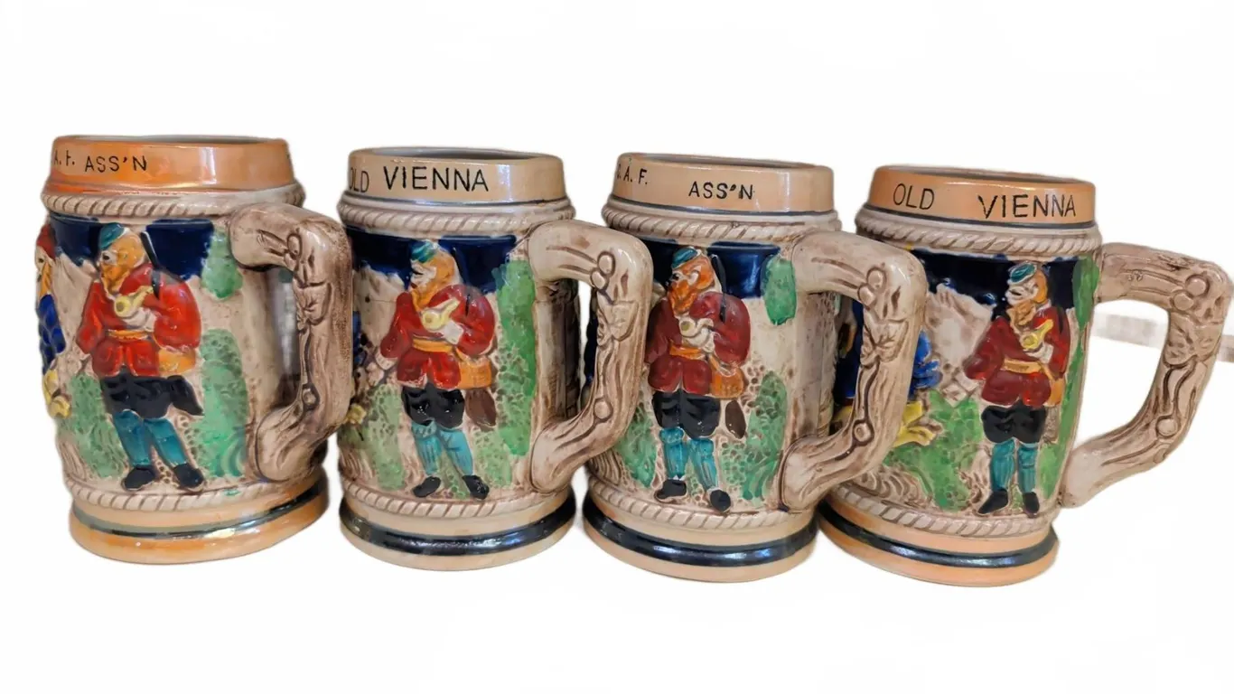 4 Hand-Painted Japan Ceramic Beer Steins Old Vienna Theme
