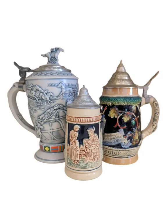 Three Lidded Beer Steins – Avon, German, and Marked 371