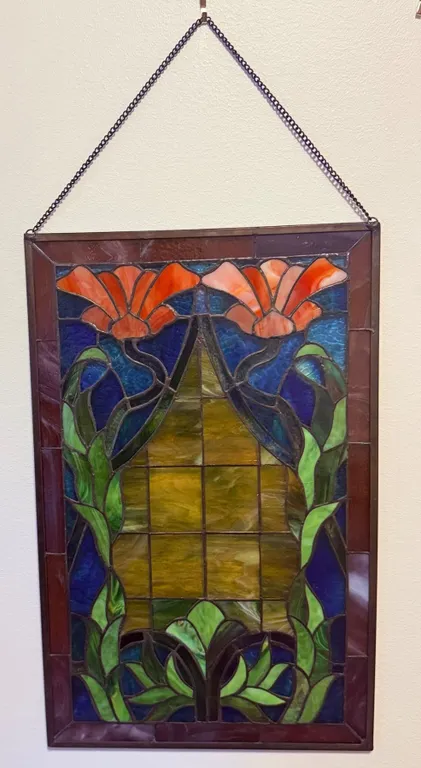 Stained Glass Panel with Orange Floral Motif and Chain