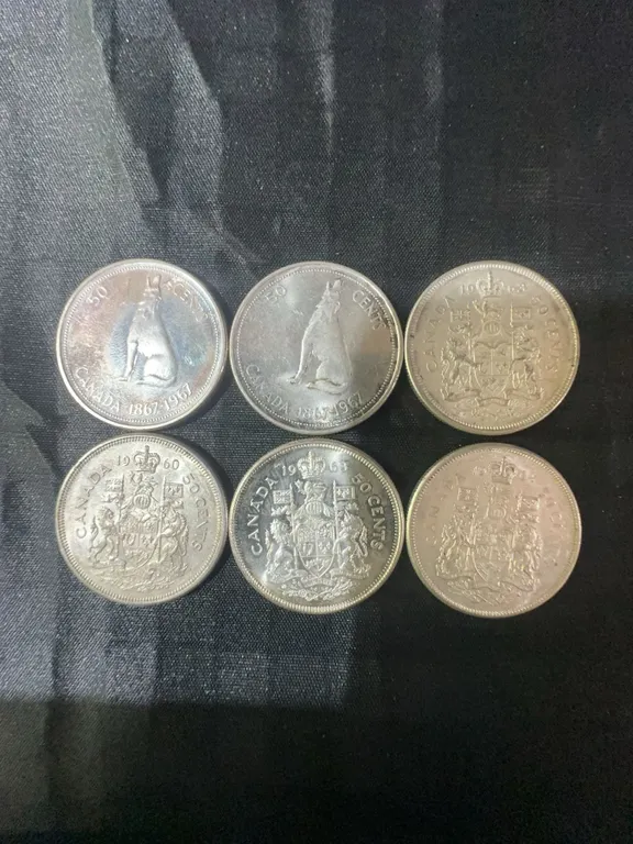 6 Canadian .800 Silver Half Dollar Coins, 1867–1965, 70g