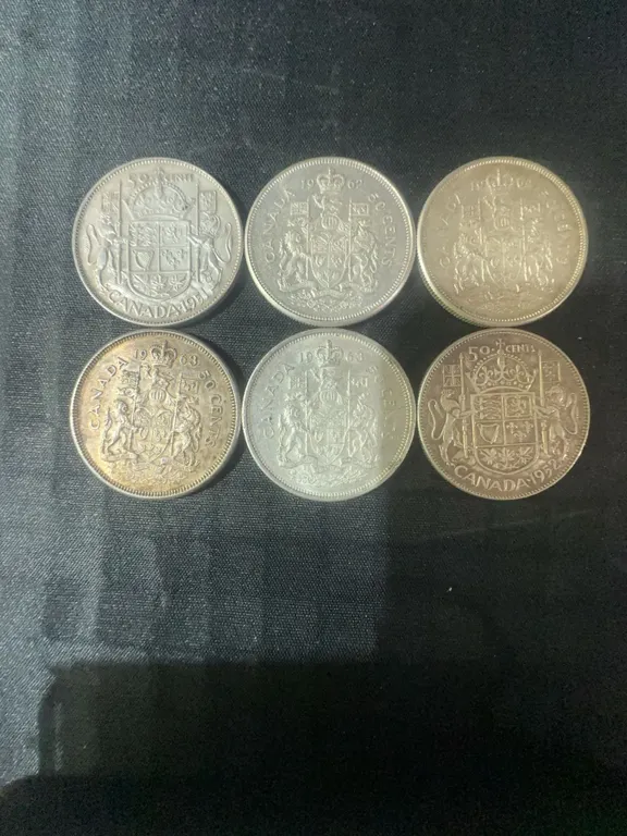 6 Canadian .800 Silver Half Dollars, 70g Total
