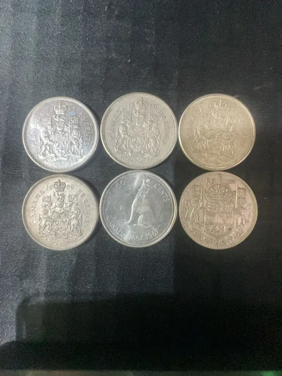 6 Canadian .800 Silver Half Dollar Coins, 70g Total