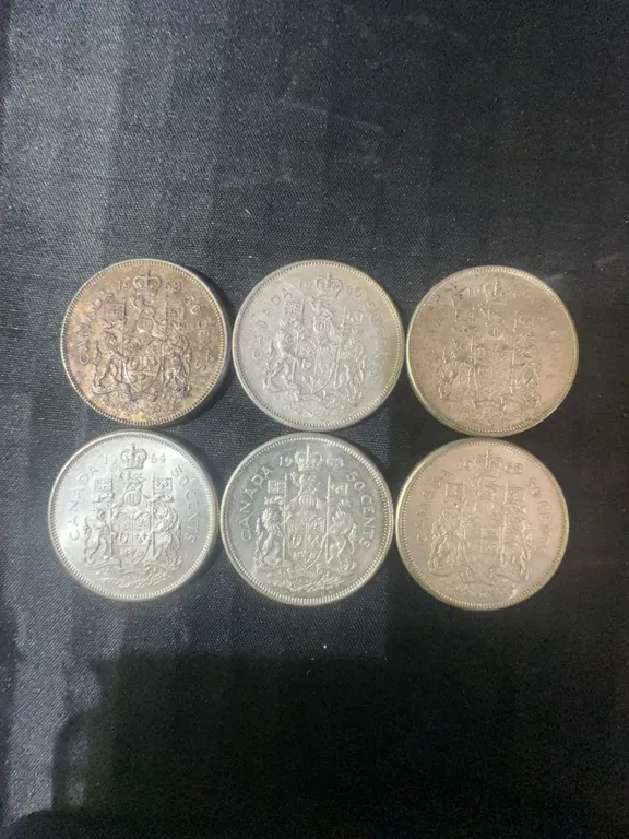 6 Canadian .800 Silver Half Dollars, 70g Total Weight