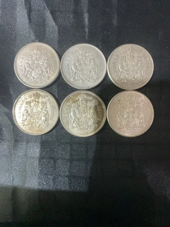 6 Canadian .800 Silver Half Dollar Coins, 70g Total Weight