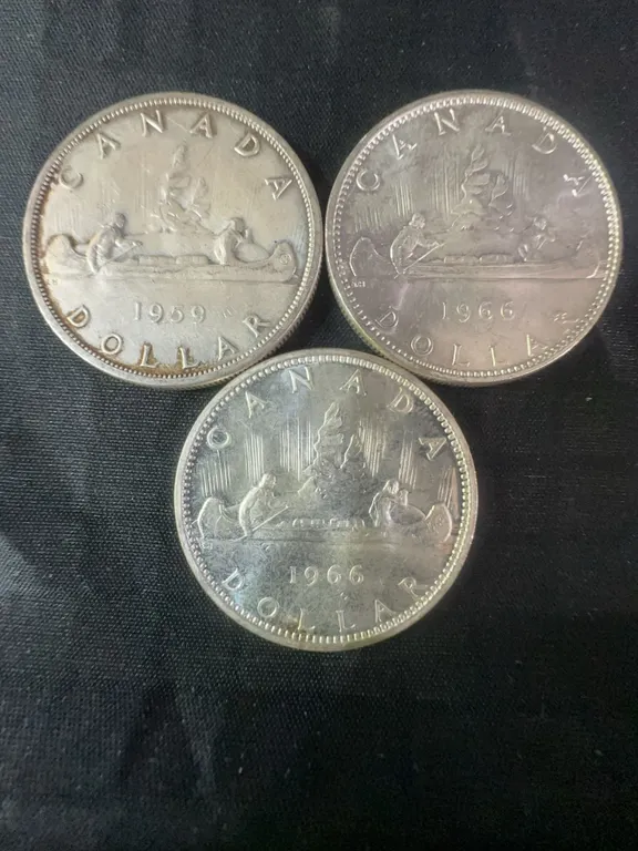 3 .800 Silver Canadian Dollar Coins, 1959 & 1966, 70g