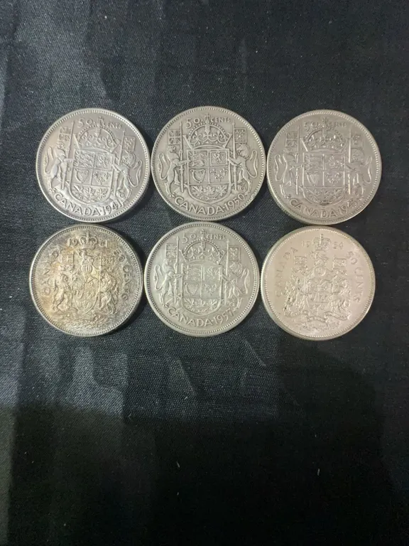 6 Canadian .800 Silver Half Dollars, 70g Total, 1947-1959