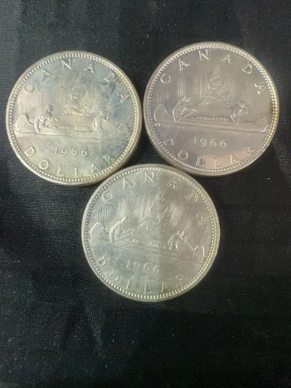 Three 1966 .800 Silver Canadian Dollar Coins, 70g Total Silver