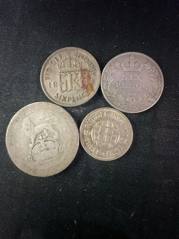 4 British Silver Coins: 6 Pence, 3 Pence, and Shilling (1904–1944)