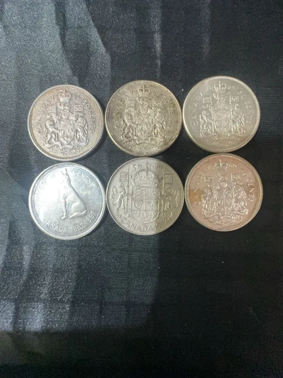 6 Canadian .800 Silver Half Dollar Coins, 70g Total