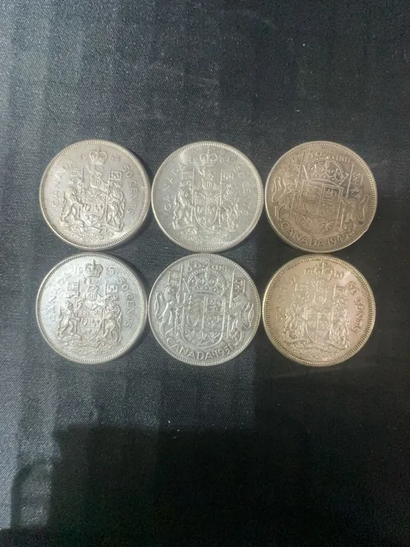 Six .800 Silver Canadian Half Dollars, 70g Total