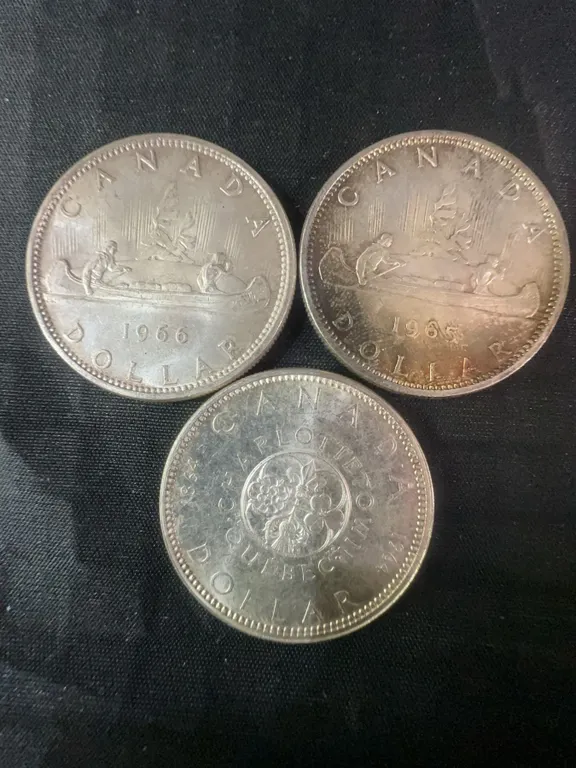 3 Canadian .800 Silver Dollar Coins, 1965, 1966, Quebec, 70g