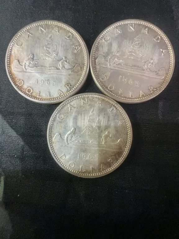 Three 1965 .800 Silver Canadian Dollar Coins, 70g Total