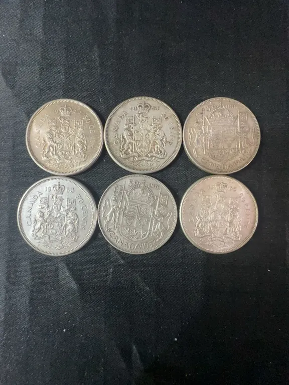 6 Canadian .800 Silver Half Dollars, 70g Total Weight