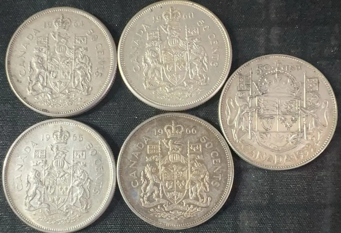 5 Canadian .800 Silver Half-Dollars, 58g Total