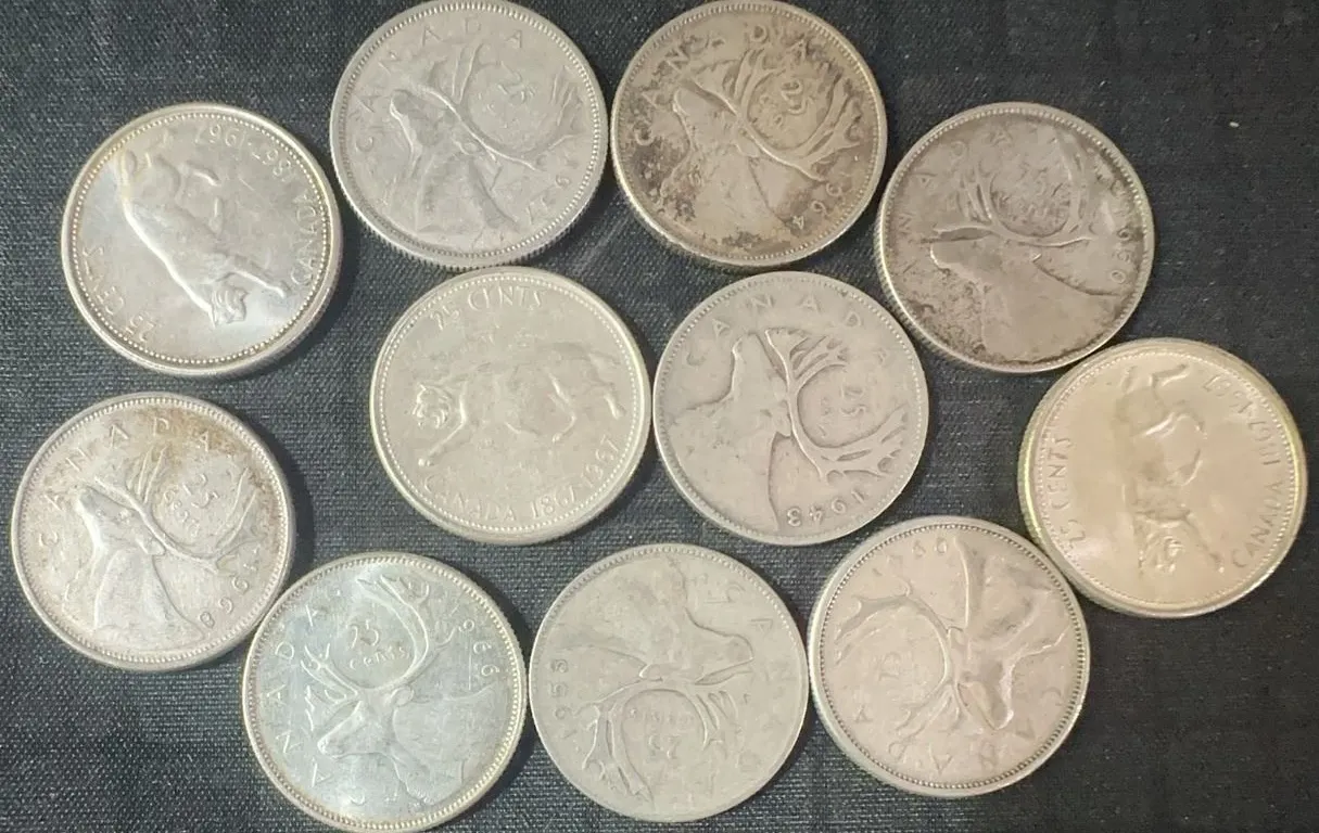 11 Canadian .800 Silver Quarters, 64g Total Weight