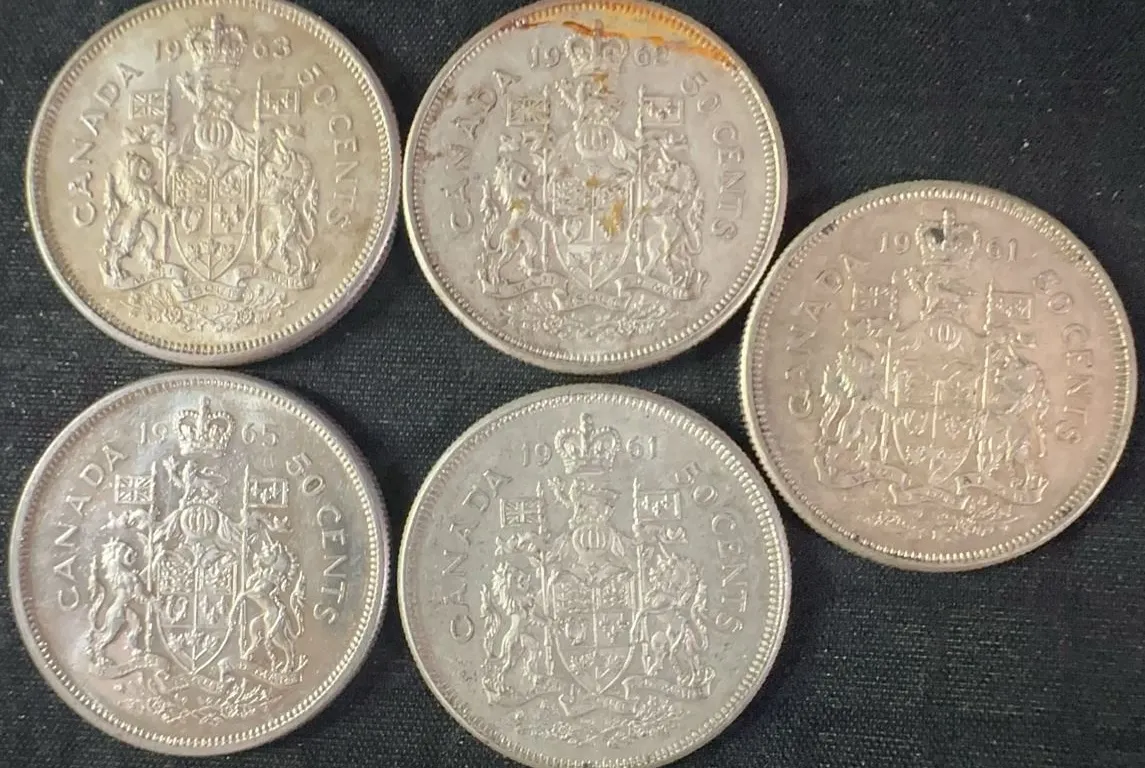 5 .800 Silver Canadian Half-Dollar Coins, 58g Total