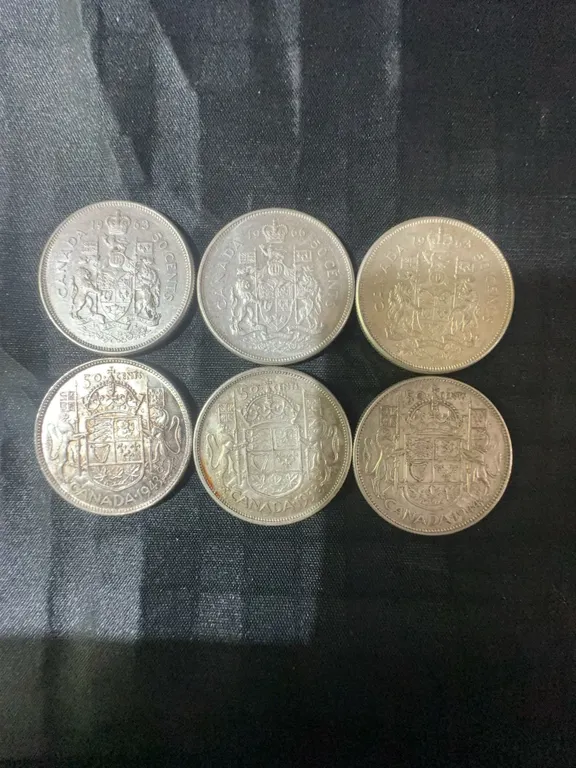 6 Canadian .800 Silver Half Dollar Coins, 70g Total, 1.80 Troy Oz