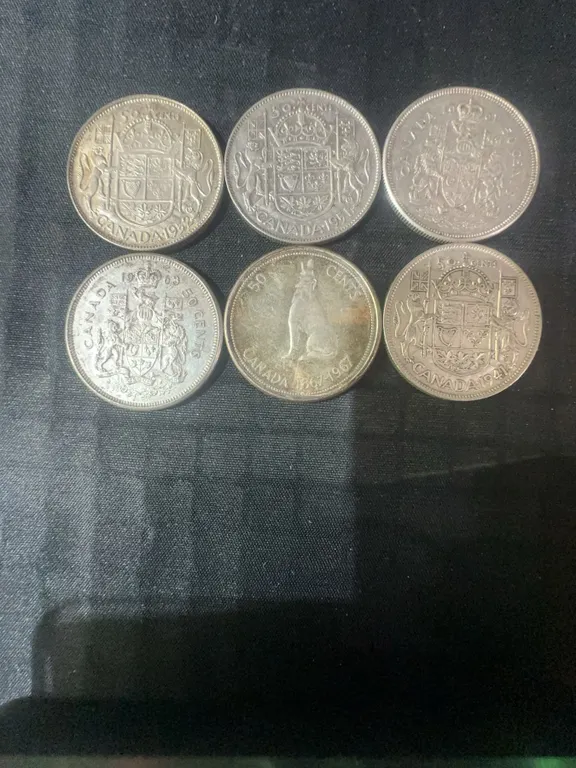 6 Canadian .800 Silver Half Dollars, 70g Total Weight