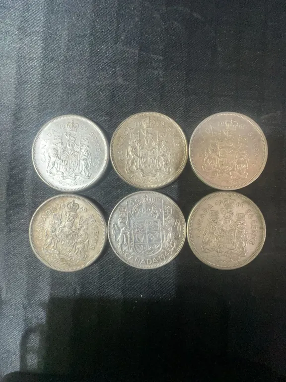 6 Canadian .800 Silver Half Dollars, 70g Total