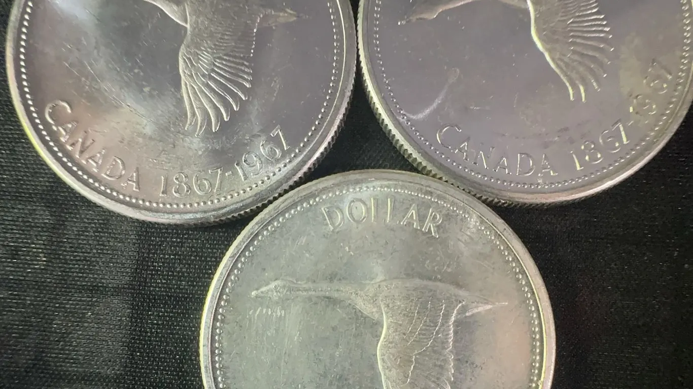 3 Canadian Silver Dollars 1867-1967, .800 Silver, 70g Total