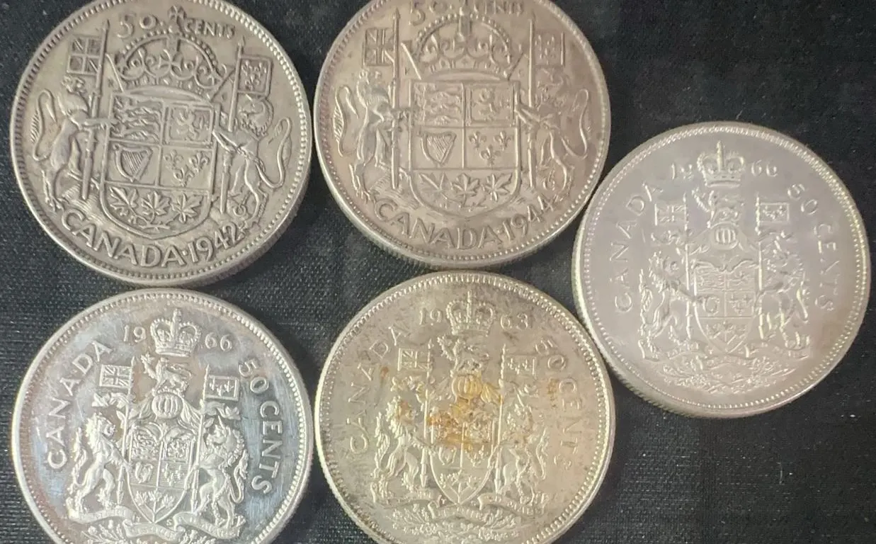 5 Canadian Silver 50 Cents Coins