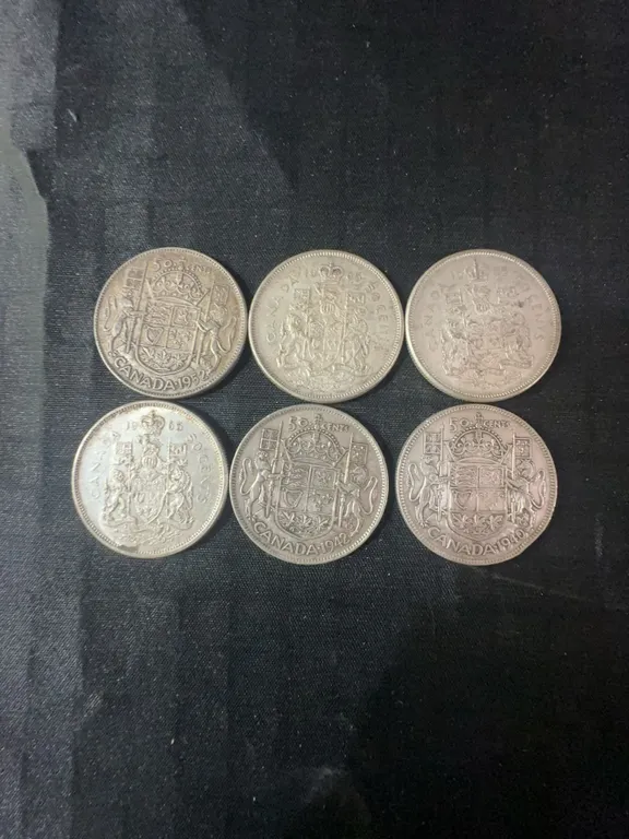 Six .800 Silver Canadian Half Dollars, 70g Total