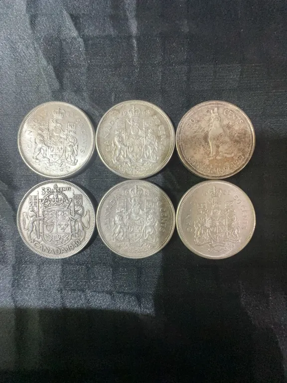 6 Canadian .800 Silver Half Dollar Coins, 70g, 1.80 Troy Ounces