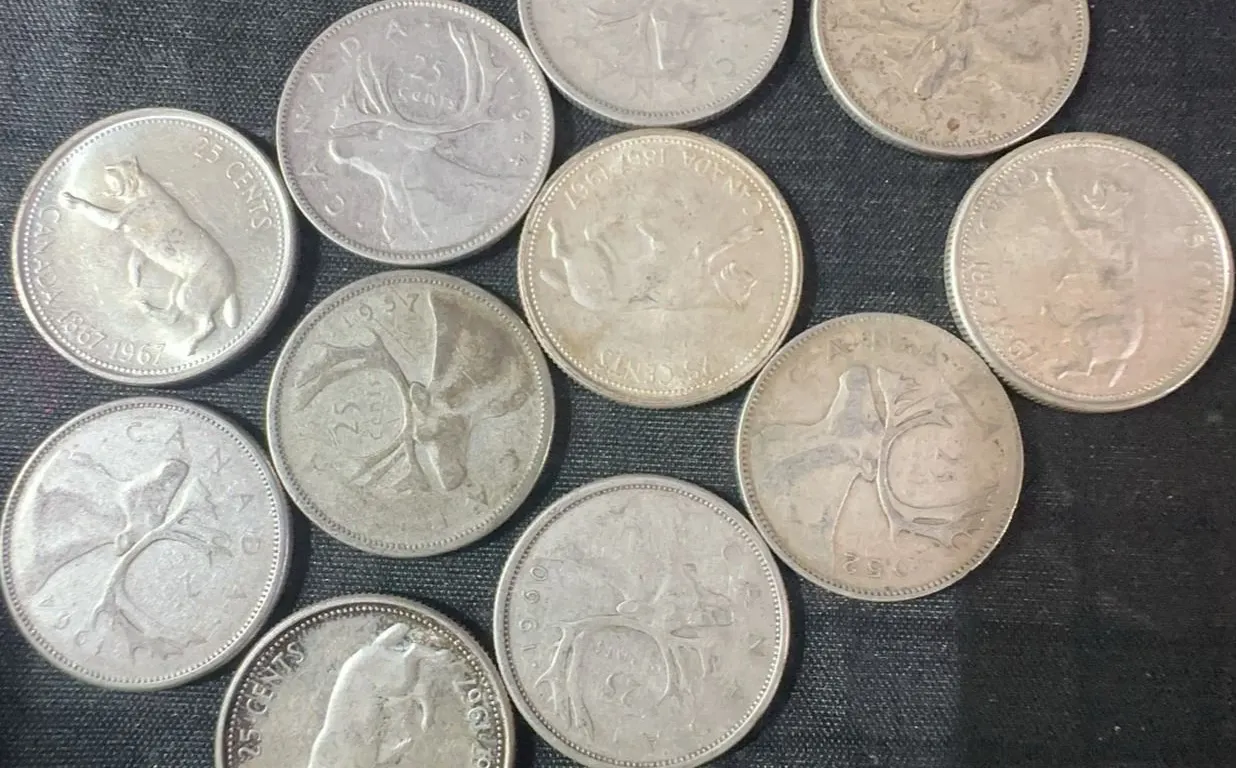 11 Canadian .800 Silver Quarters, 64g Total, 1.65 Troy Ounces